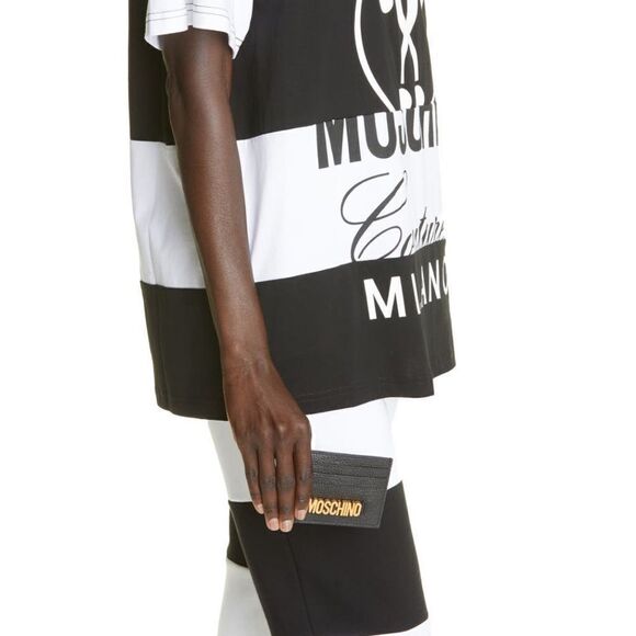 MOSCHINO Logo Leather Card Case, Designer Italian Luxury Wallet, Black Gold, NWT - Picture 5 of 13